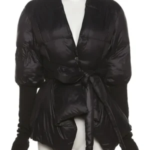 Manteau d'hiver noir pour femmes, à col en V et manches longues.
