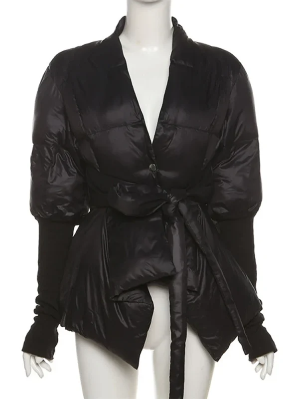 Manteau d'hiver noir pour femmes, à col en V et manches longues.