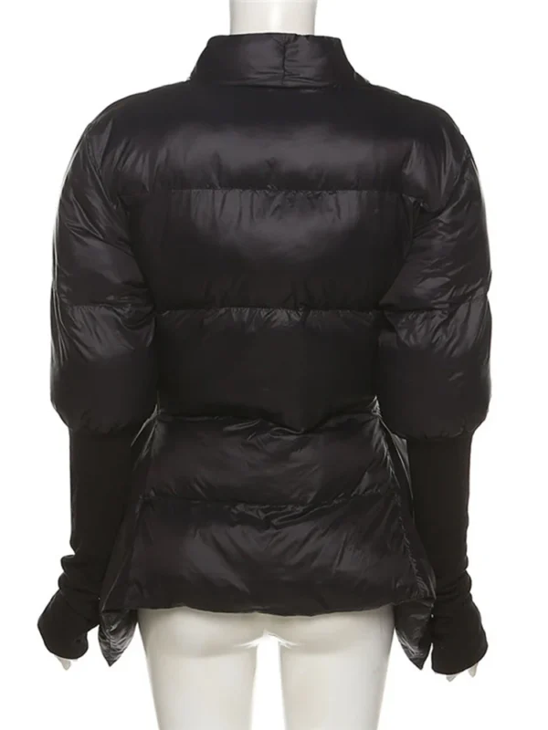 Manteau d'hiver noir pour femmes, à col en V et manches longues. – Image 3