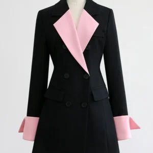 Blazer Croisé Noir avec Détails Rose Femme