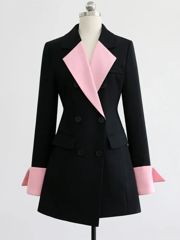 Blazer Croisé Noir avec Détails Rose Femme