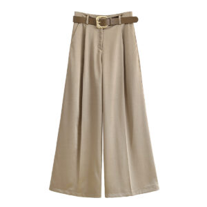 Women's Fashion Casual Trousers with Belt Satin Long Pants