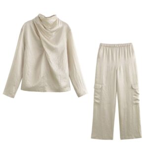 Elegant Pleated Satin Feel Top + Pants Set for Women Fatiami