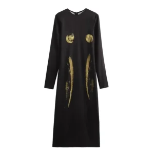 Black Satin Dress Woman Vintage Print Long Dresses For Women Long Sleeve Autumn Winter Dresses Chic And Elegant Woman Dress